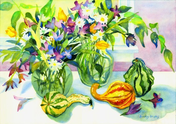 Purple Flowers with Yellow Tulips